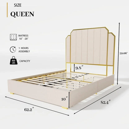 Queen Size Upholstered Bed Frame with 59.06 Headboard and Golden Plating Trim
