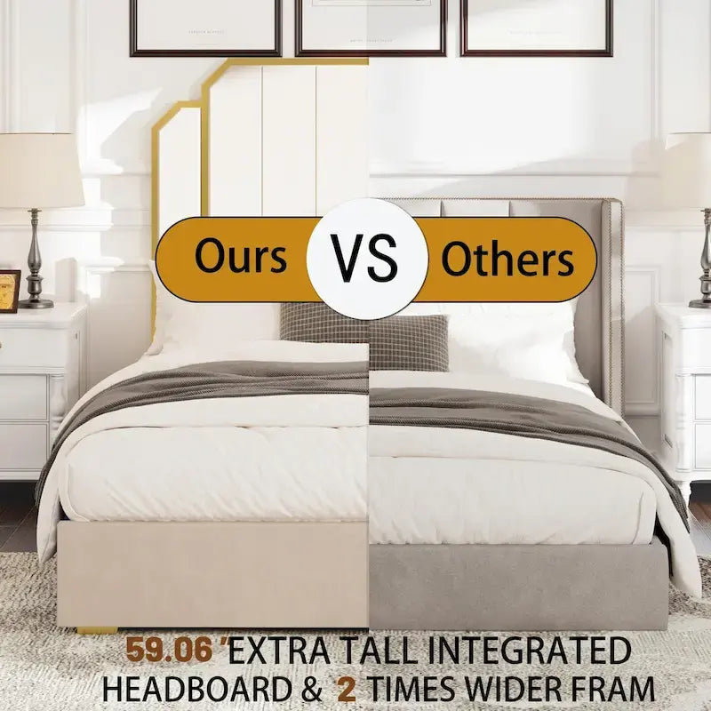 Queen Size Upholstered Bed Frame with 59.06 Headboard and Golden Plating Trim