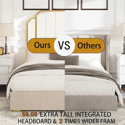 Queen Size Upholstered Bed Frame with 59.06 Headboard and Golden Plating Trim