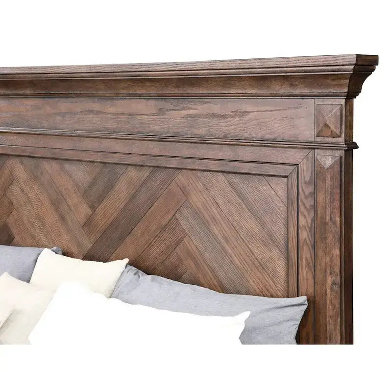 Marv Queen Size Bed, Parquet Pattern, Traditional Style, Brushed Brown Wood