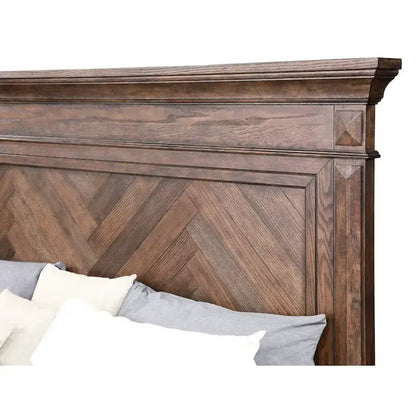 Marv Queen Size Bed, Parquet Pattern, Traditional Style, Brushed Brown Wood