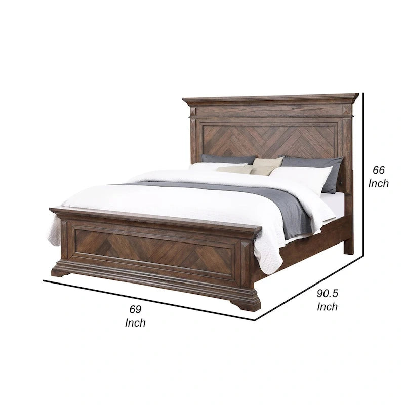 Marv Queen Size Bed, Parquet Pattern, Traditional Style, Brushed Brown Wood
