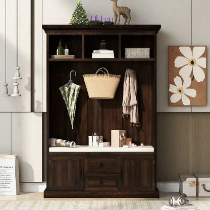 3-in-1 Design Hall Tree with Storage Bench,3 Hooks and Cushion