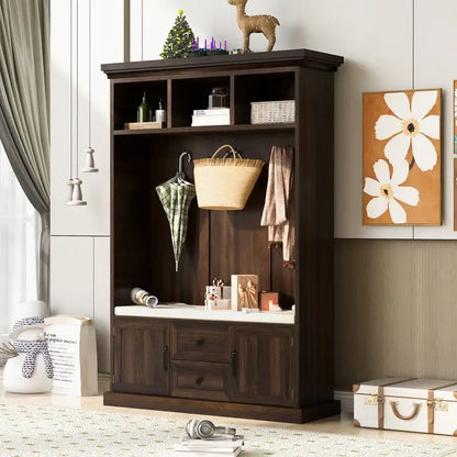 3-in-1 Design Hall Tree with Storage Bench,3 Hooks and Cushion