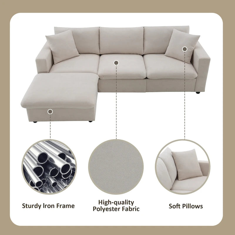 Modern 4-Seat L-Shaped Sectional Sofa, with 2 Free pillows, Convertible Ottoman