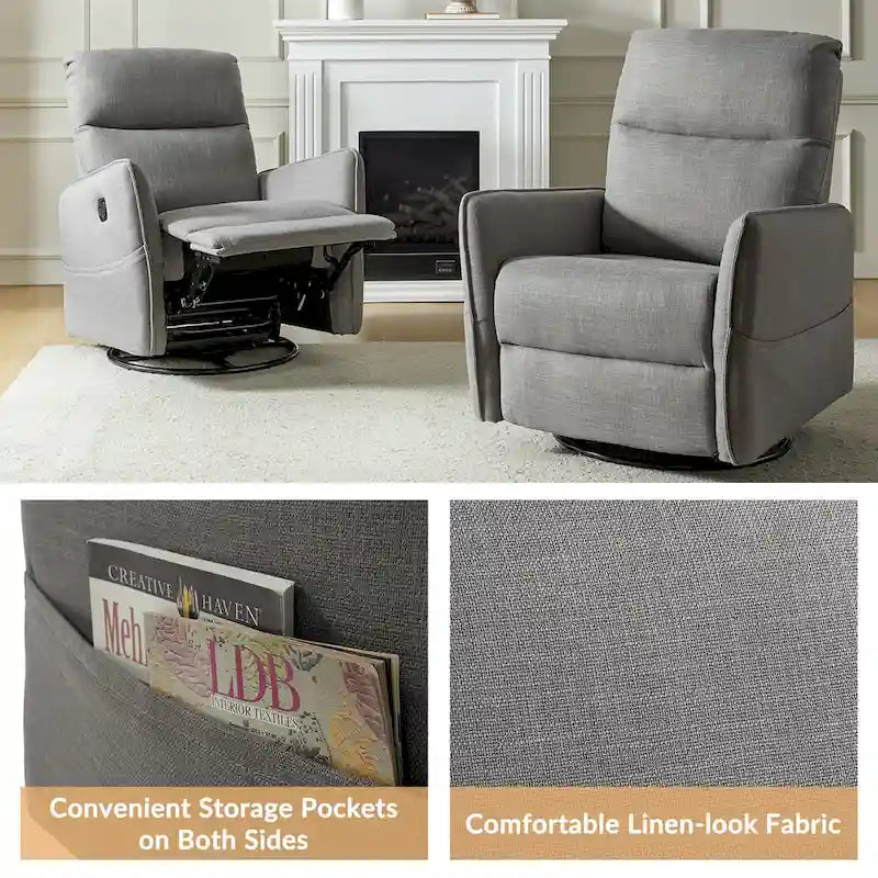Rocker Swivel Recliner Chair with Side Pockets & Linen-Like Fabric Upholstery