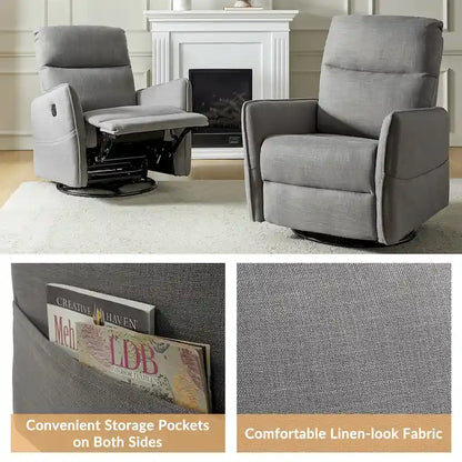 Rocker Swivel Recliner Chair with Side Pockets & Linen-Like Fabric Upholstery