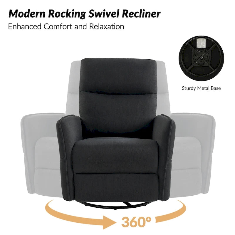 Rocker Swivel Recliner Chair with Side Pockets & Linen-Like Fabric Upholstery