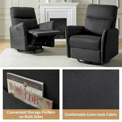 Rocker Swivel Recliner Chair with Side Pockets & Linen-Like Fabric Upholstery