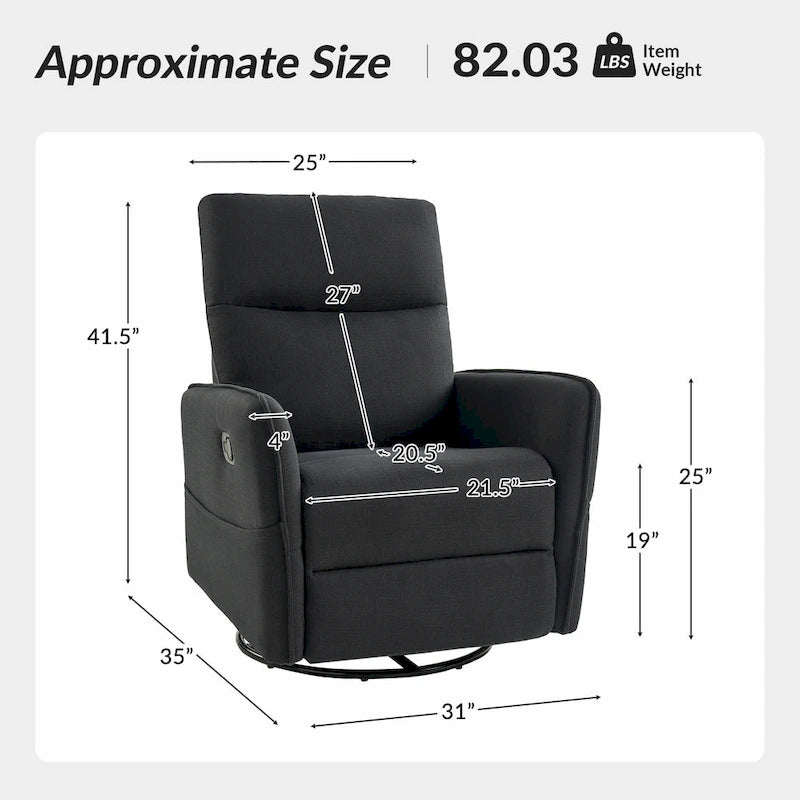 Rocker Swivel Recliner Chair with Side Pockets & Linen-Like Fabric Upholstery