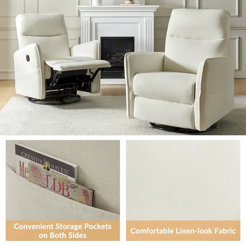 Rocker Swivel Recliner Chair with Side Pockets & Linen-Like Fabric Upholstery