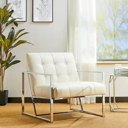 Mid-Century PU Leather Button-Tufted Accent Chair with Chrome Plated Frame, Cream, 30.5H