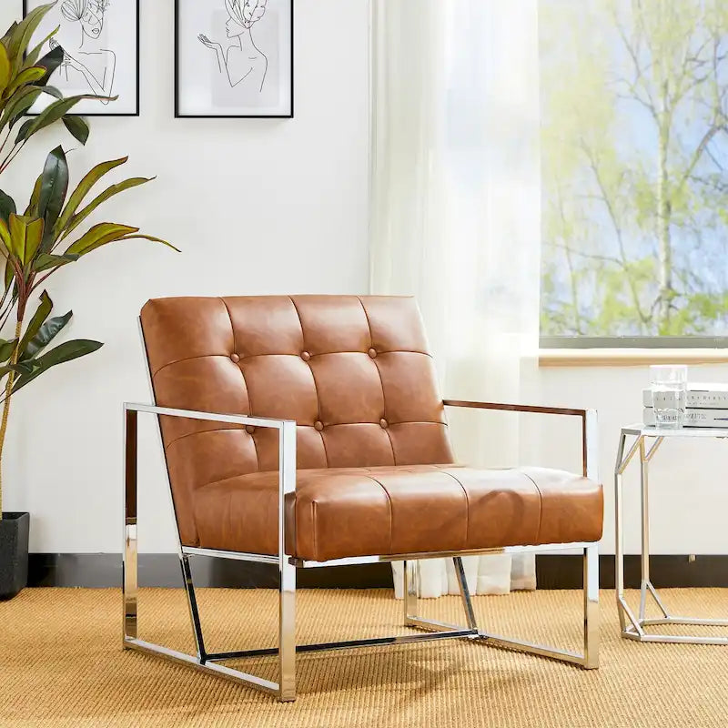 Mid-Century PU Leather Button-Tufted Accent Chair with Chrome Plated Frame, Cream, 30.5H