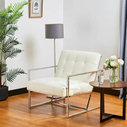 Mid-Century PU Leather Button-Tufted Accent Chair with Chrome Plated Frame, Cream, 30.5H