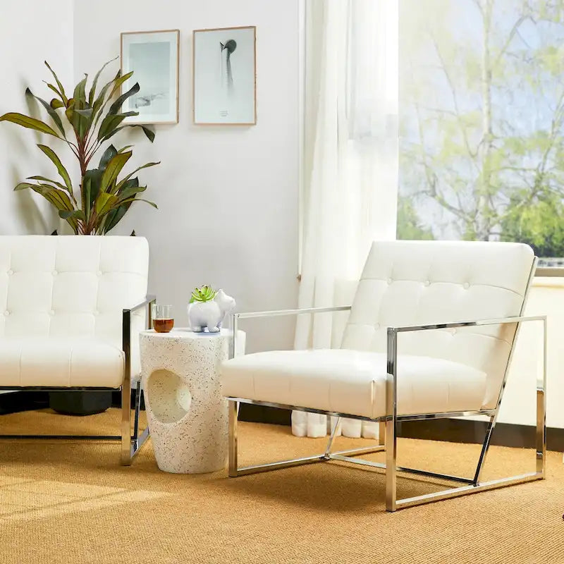 Mid-Century PU Leather Button-Tufted Accent Chair with Chrome Plated Frame, Cream, 30.5H