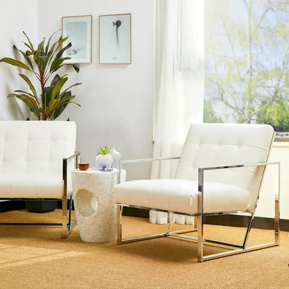 Mid-Century PU Leather Button-Tufted Accent Chair with Chrome Plated Frame, Cream, 30.5H