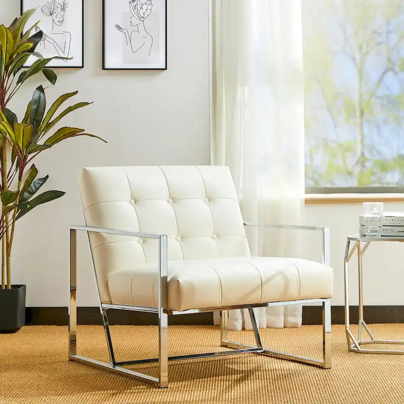 Mid-Century PU Leather Button-Tufted Accent Chair with Chrome Plated Frame, Cream, 30.5H