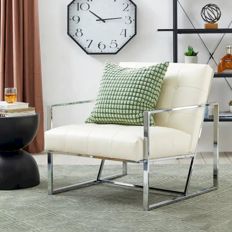 Mid-Century PU Leather Button-Tufted Accent Chair with Chrome Plated Frame, Cream, 30.5H