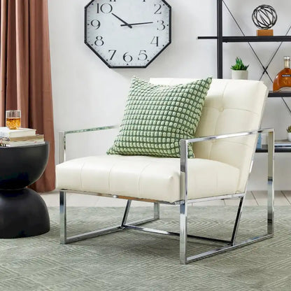 Mid-Century PU Leather Button-Tufted Accent Chair with Chrome Plated Frame, Cream, 30.5H