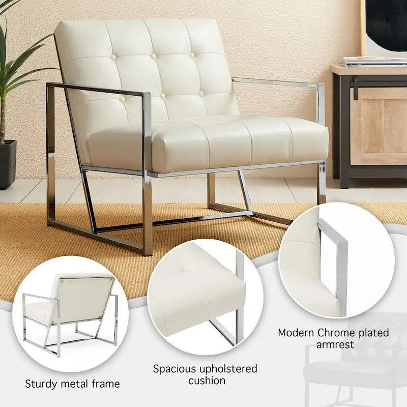 Mid-Century PU Leather Button-Tufted Accent Chair with Chrome Plated Frame, Cream, 30.5H
