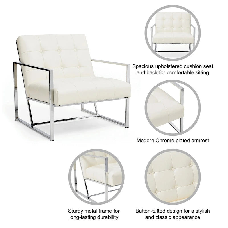 Mid-Century PU Leather Button-Tufted Accent Chair with Chrome Plated Frame, Cream, 30.5H