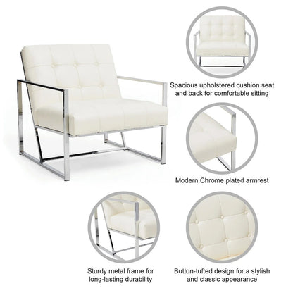 Mid-Century PU Leather Button-Tufted Accent Chair with Chrome Plated Frame, Cream, 30.5H
