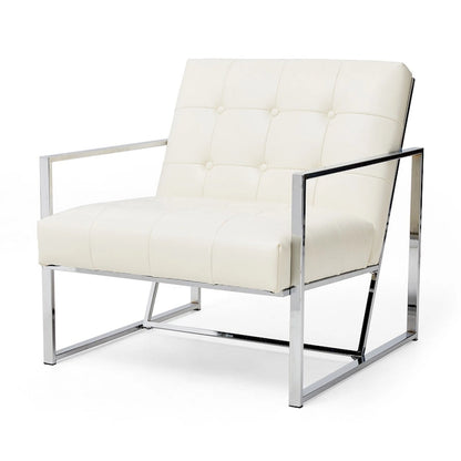Mid-Century PU Leather Button-Tufted Accent Chair with Chrome Plated Frame, Cream, 30.5H