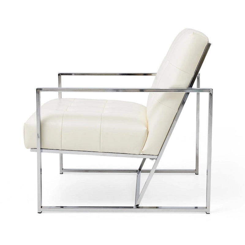 Mid-Century PU Leather Button-Tufted Accent Chair with Chrome Plated Frame, Cream, 30.5H
