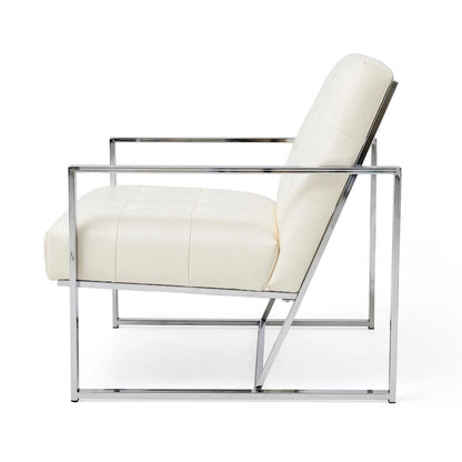 Mid-Century PU Leather Button-Tufted Accent Chair with Chrome Plated Frame, Cream, 30.5H
