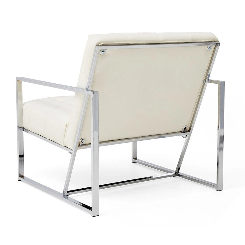 Mid-Century PU Leather Button-Tufted Accent Chair with Chrome Plated Frame, Cream, 30.5H