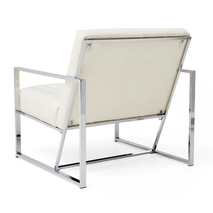 Mid-Century PU Leather Button-Tufted Accent Chair with Chrome Plated Frame, Cream, 30.5H