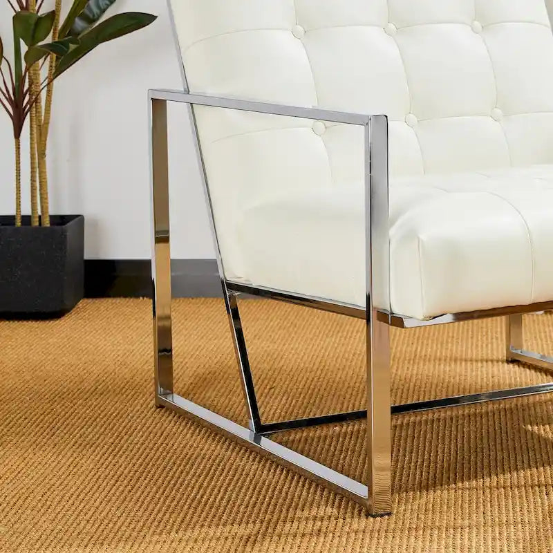 Mid-Century PU Leather Button-Tufted Accent Chair with Chrome Plated Frame, Cream, 30.5H