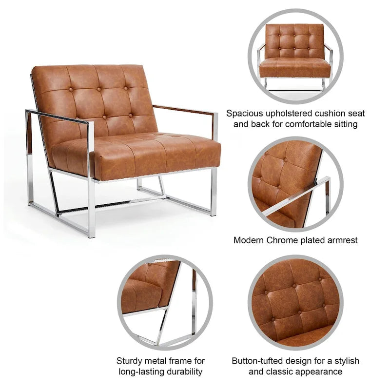 Mid-Century PU Leather Button-Tufted Accent Chair with Chrome Plated Frame, Cream, 30.5H