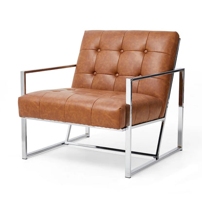 Mid-Century PU Leather Button-Tufted Accent Chair with Chrome Plated Frame, Cream, 30.5H