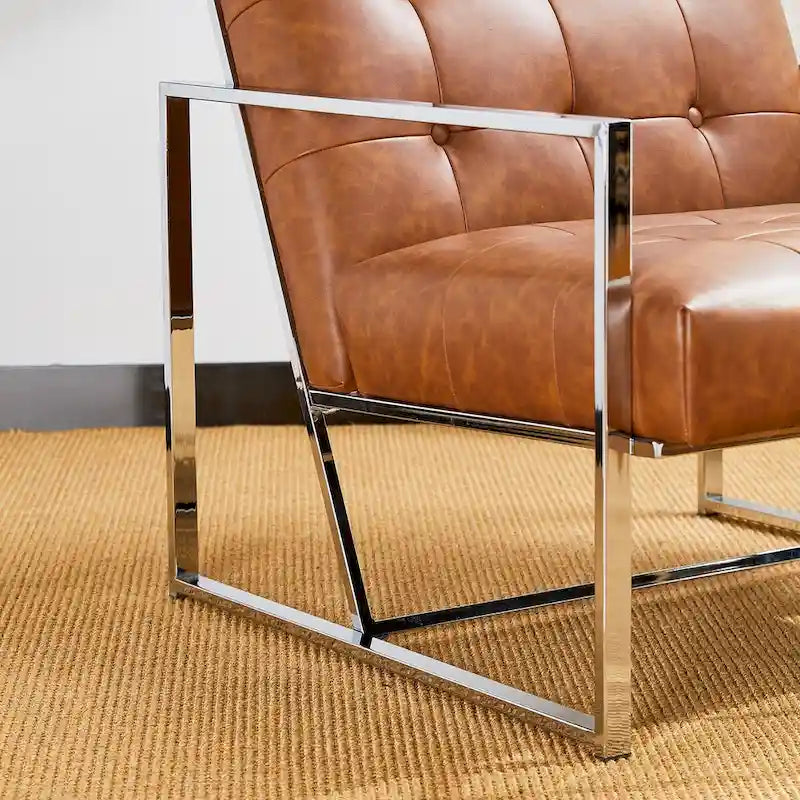 Mid-Century PU Leather Button-Tufted Accent Chair with Chrome Plated Frame, Cream, 30.5H