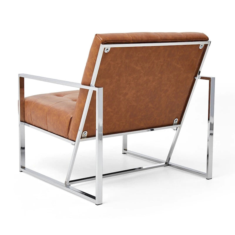 Mid-Century PU Leather Button-Tufted Accent Chair with Chrome Plated Frame, Cream, 30.5H