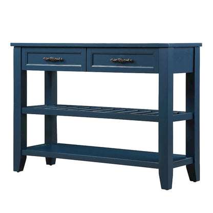 Console Sofa Table with 2 Storage Drawers and 2 Tiers Shelves, Mid-Century Style 42 Solid Wood Buffet Sideboard