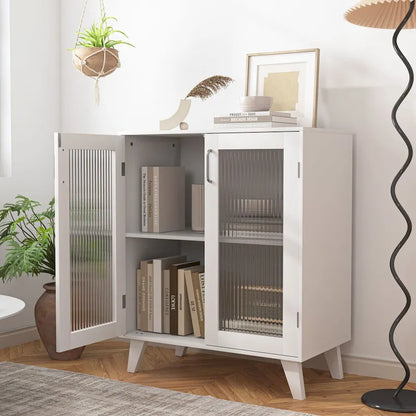 Modern Bathroom Cabinet Storage Organizer with 2 Glass Doors and Adjustable Shelf,White