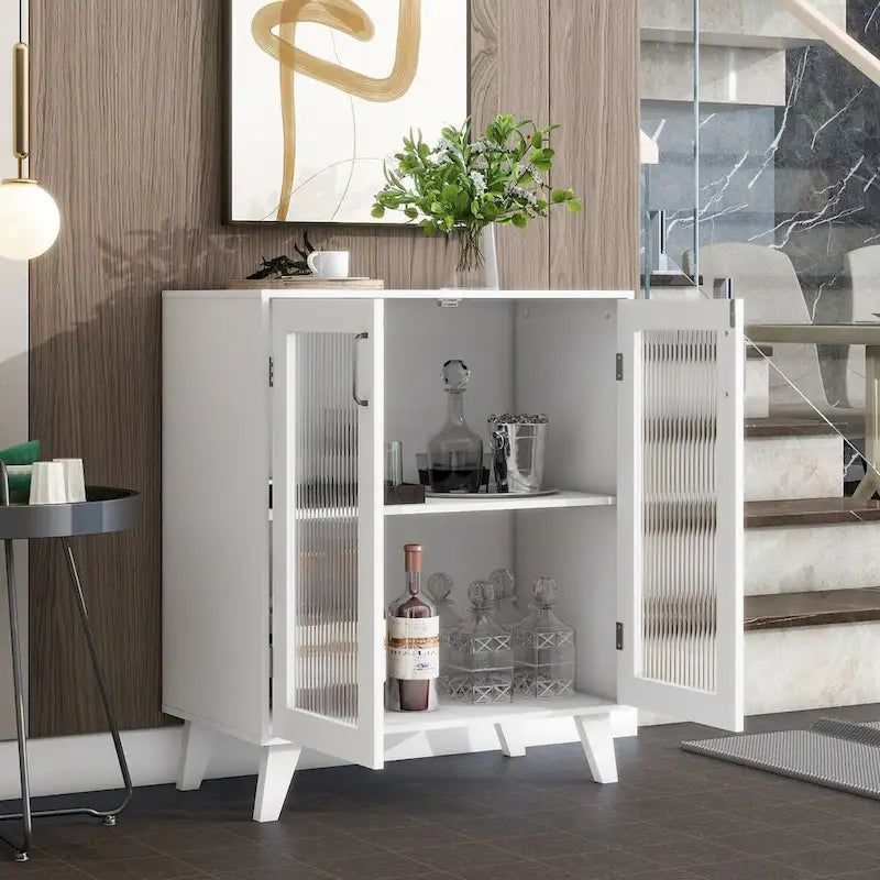 Modern Bathroom Cabinet Storage Organizer with 2 Glass Doors and Adjustable Shelf,White