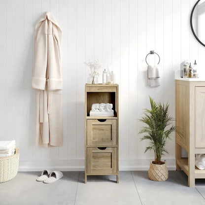 Farmhouse Bathroom Storage Organizer with Drawers and Open Shelf