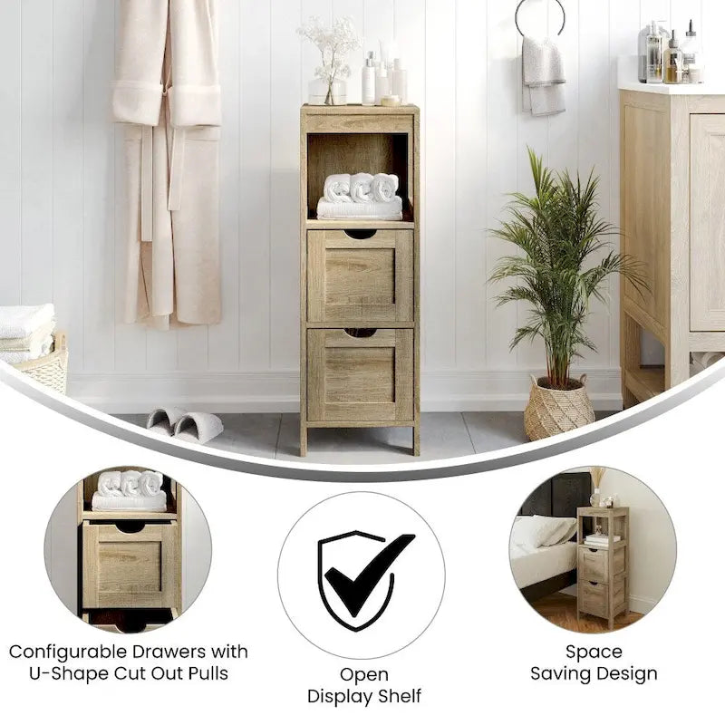 Farmhouse Bathroom Storage Organizer with Drawers and Open Shelf