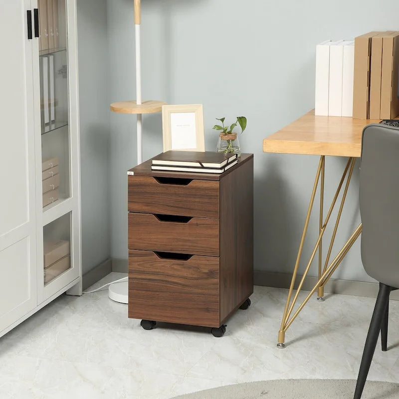 3 Drawer Office Storage Cabinet, Under Desk Cabinet with Wheels, Brown Wood Grain