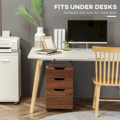 3 Drawer Office Storage Cabinet, Under Desk Cabinet with Wheels, Brown Wood Grain