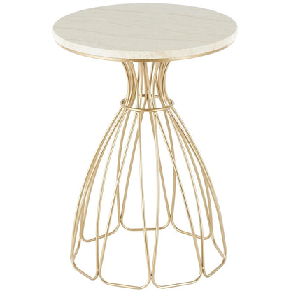 Metal Flower Inspired Side End Accent Table with Cream Marble Tabletop - Gold -