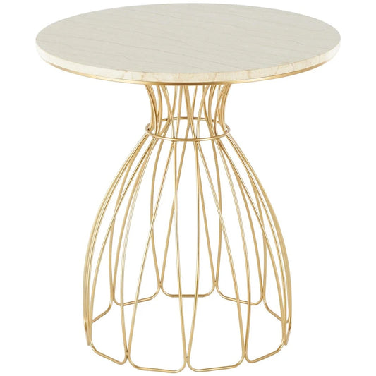Metal Flower Inspired Side End Accent Table with Cream Marble Tabletop - Gold - 
