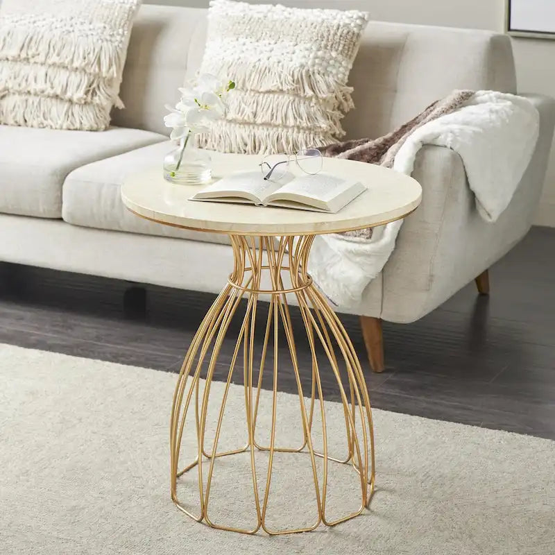 Metal Flower Inspired Side End Accent Table with Cream Marble Tabletop - Gold -