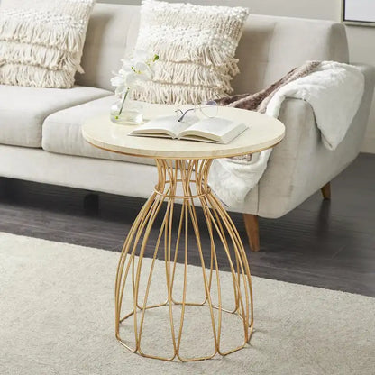 Metal Flower Inspired Side End Accent Table with Cream Marble Tabletop - Gold -