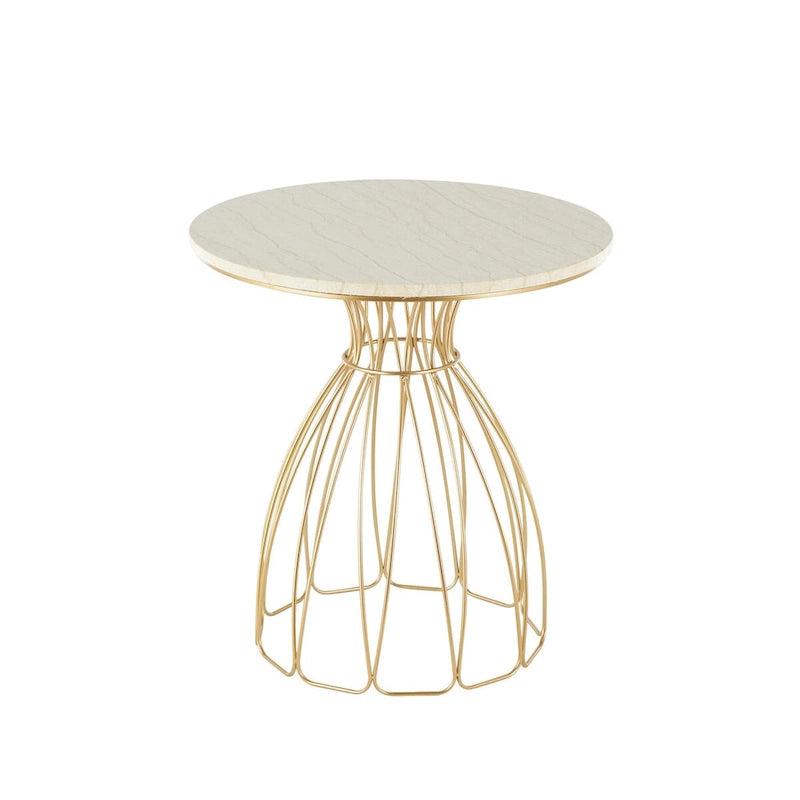 Metal Flower Inspired Side End Accent Table with Cream Marble Tabletop - Gold -