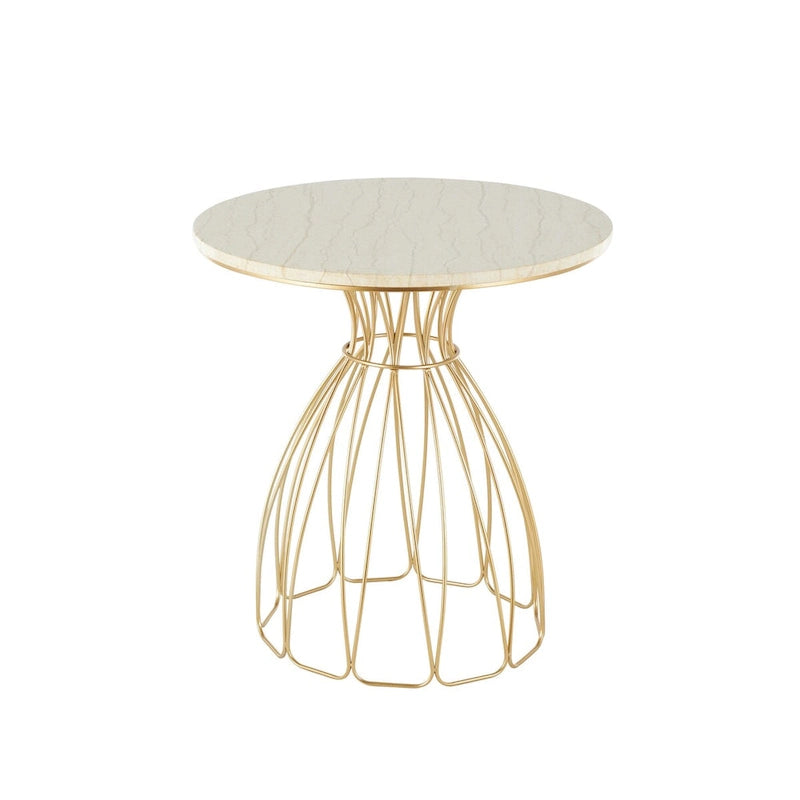 Metal Flower Inspired Side End Accent Table with Cream Marble Tabletop - Gold -