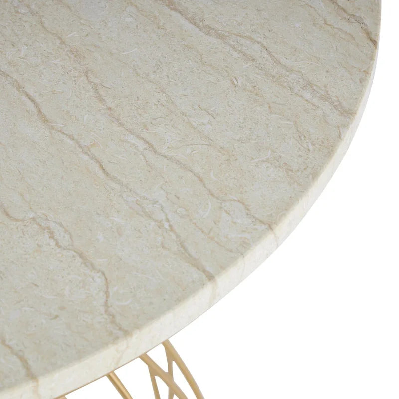Metal Flower Inspired Side End Accent Table with Cream Marble Tabletop - Gold -